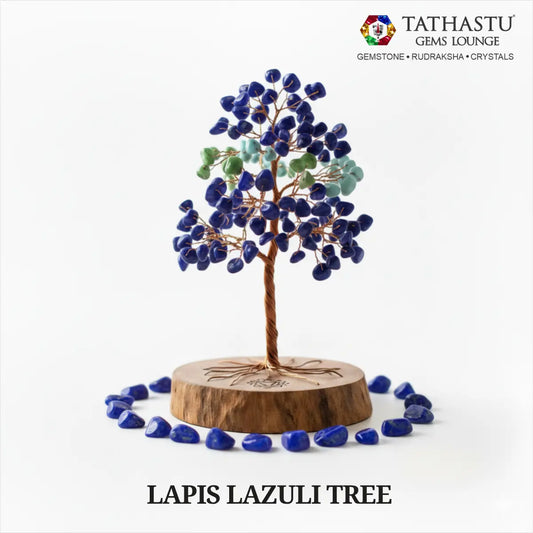 Original Lapis Lazuli Crystal Tree with natural blue gemstone leaves on wooden base for mental clarity, wisdom, and protection - Tathastu Gems Lounge