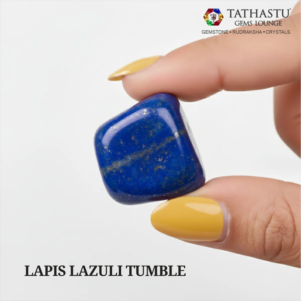 Natural polished Lapis Lazuli Tumble stone held in hand for mental focus, wisdom, and Throath Chakra activation - Tathastu Gems Lounge
