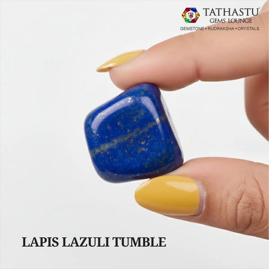 Natural polished Lapis Lazuli Tumble stone held in hand for mental focus, wisdom, and Throath Chakra activation - Tathastu Gems Lounge