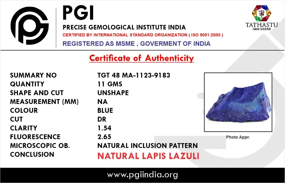 Authentic lab certificate verifying 100 percent original Natural Lapis Lazuli Rough crystal stone - Tathastu Gems
