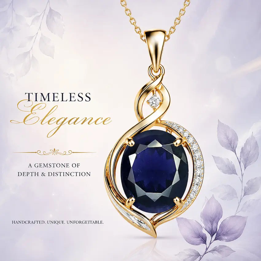 Natural oval cut Blue Iolite gemstone set in gold Pendant designs for women astrological remedies - Tathastu Gems