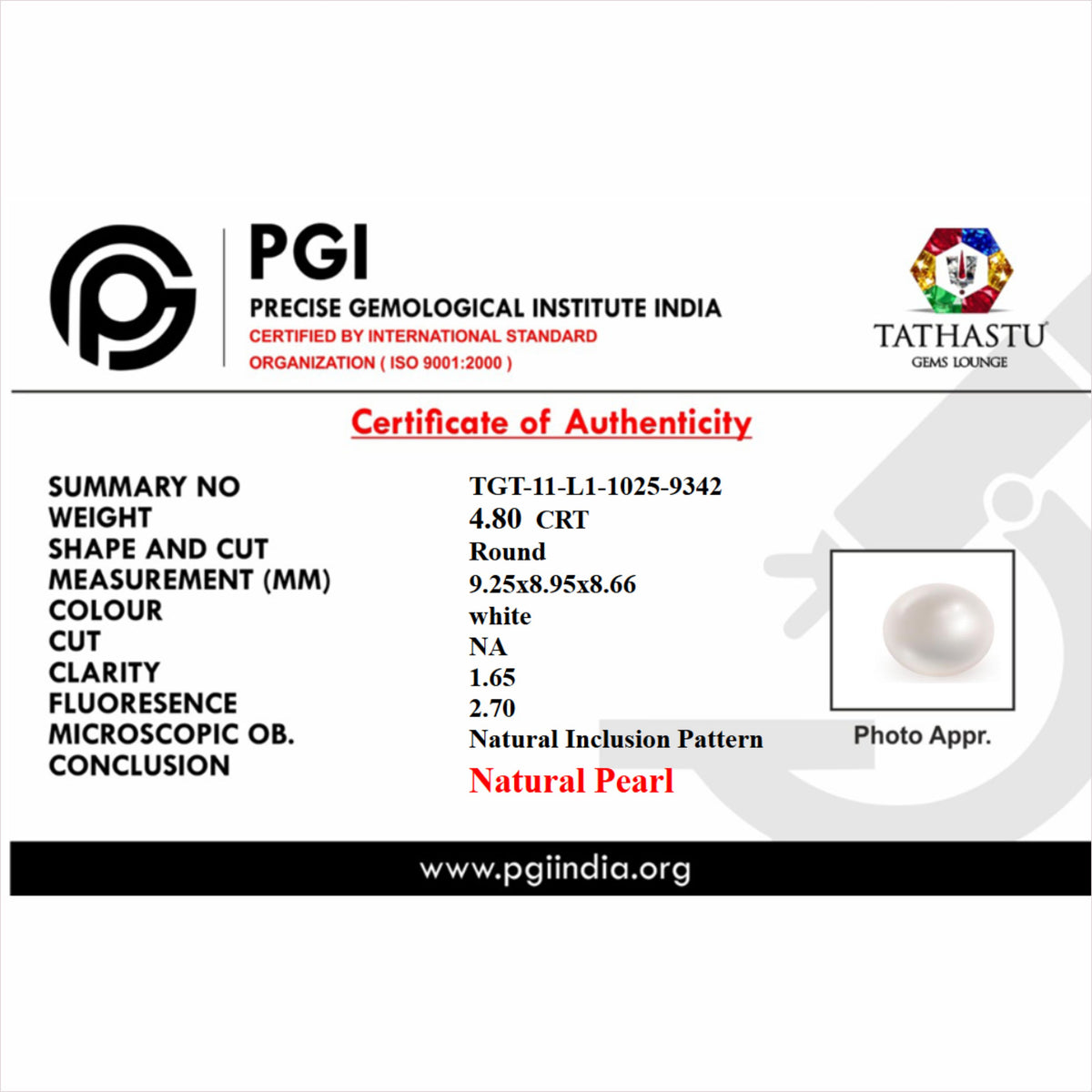 Lab Certificate - Natural White South Sea Pearl (Saccha Moti) 4.67 Carats – 100% Original & Lab Certified Moon (Chandra) Gemstone for Balance & Prosperity