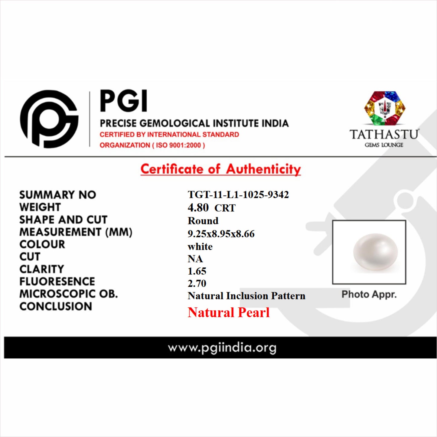 Natural White South Sea Pearl (Saccha Moti) 3.10 Carats – 100% Original & Lab Certified Moon (Chandra) Gemstone for Balance & Prosperity