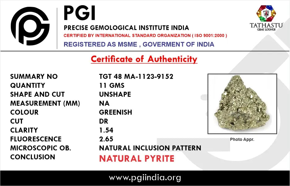 Authentic lab certificate verifying 100 percent original Natural Pyrite Rough crystal stone - Tathastu Gems
