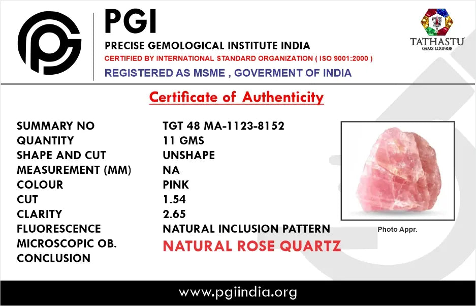 Authentic lab certificate verifying 100 percent original Natural Rose Quartz Rough crystal stone - Tathastu Gems