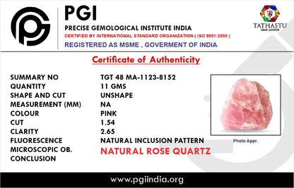 Authentic lab certificate verifying 100 percent original Natural Rose Quartz Rough crystal stone - Tathastu Gems