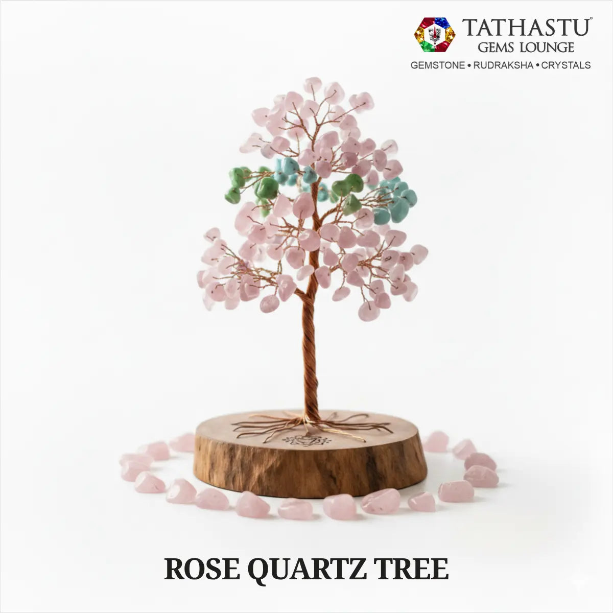 Original Rose Quartz Crystal Tree with pink gemstone leaves on wooden base for love energy, stress relief, and Heart Chakra balance - Tathastu Gems Lounge