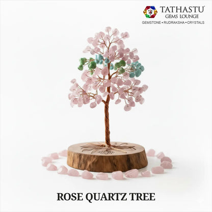 Original Rose Quartz Crystal Tree with pink gemstone leaves on wooden base for love energy, stress relief, and Heart Chakra balance - Tathastu Gems Lounge