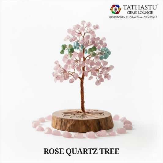 Original Rose Quartz Crystal Tree with pink gemstone leaves on wooden base for love energy, stress relief, and Heart Chakra balance - Tathastu Gems Lounge