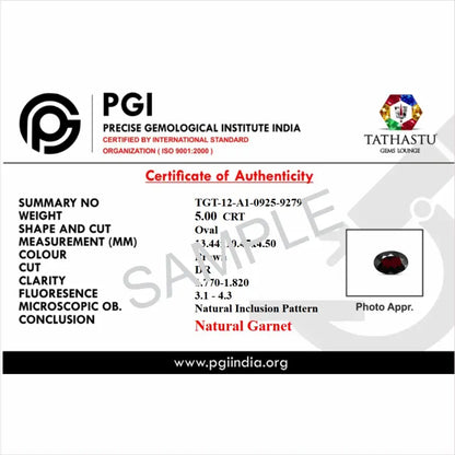 Authentic lab certificate verifying 100 percent original Natural Garnet (Raktmani) stone - Tathastu Gems