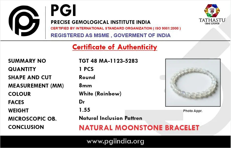 Authentic Original Moonstone Bracelet at Tathastu Gems Lounge with authentic lab test certification report card.