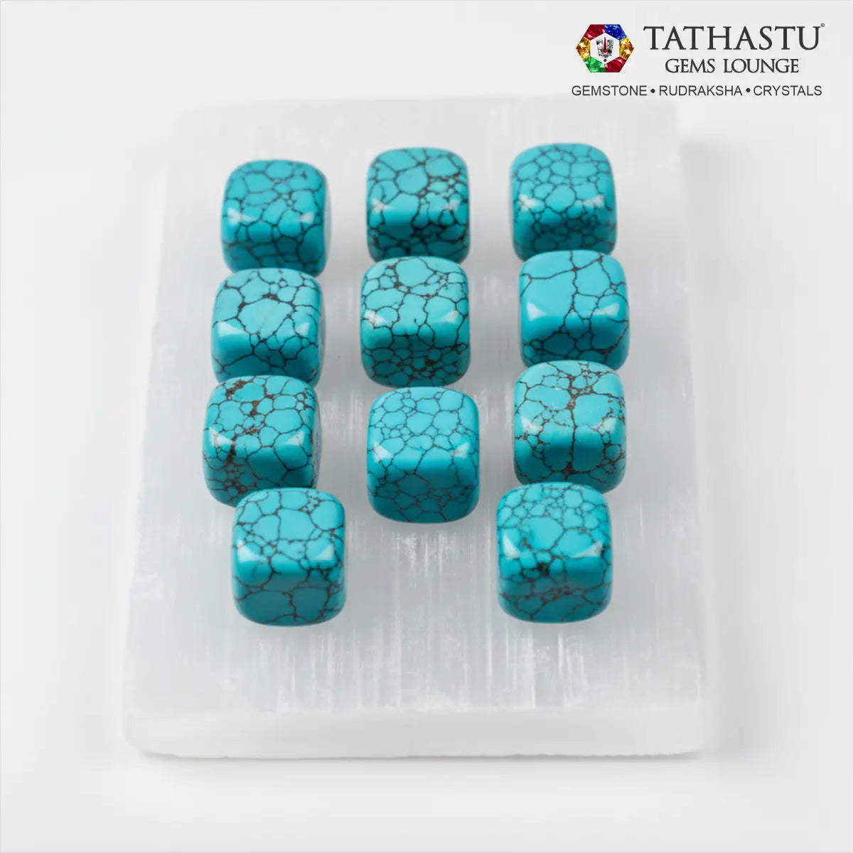 Set of original Turquoise Tumble stones arranged in a grid for evil eye protection, communication, and emotional healing - Tathastu Gems