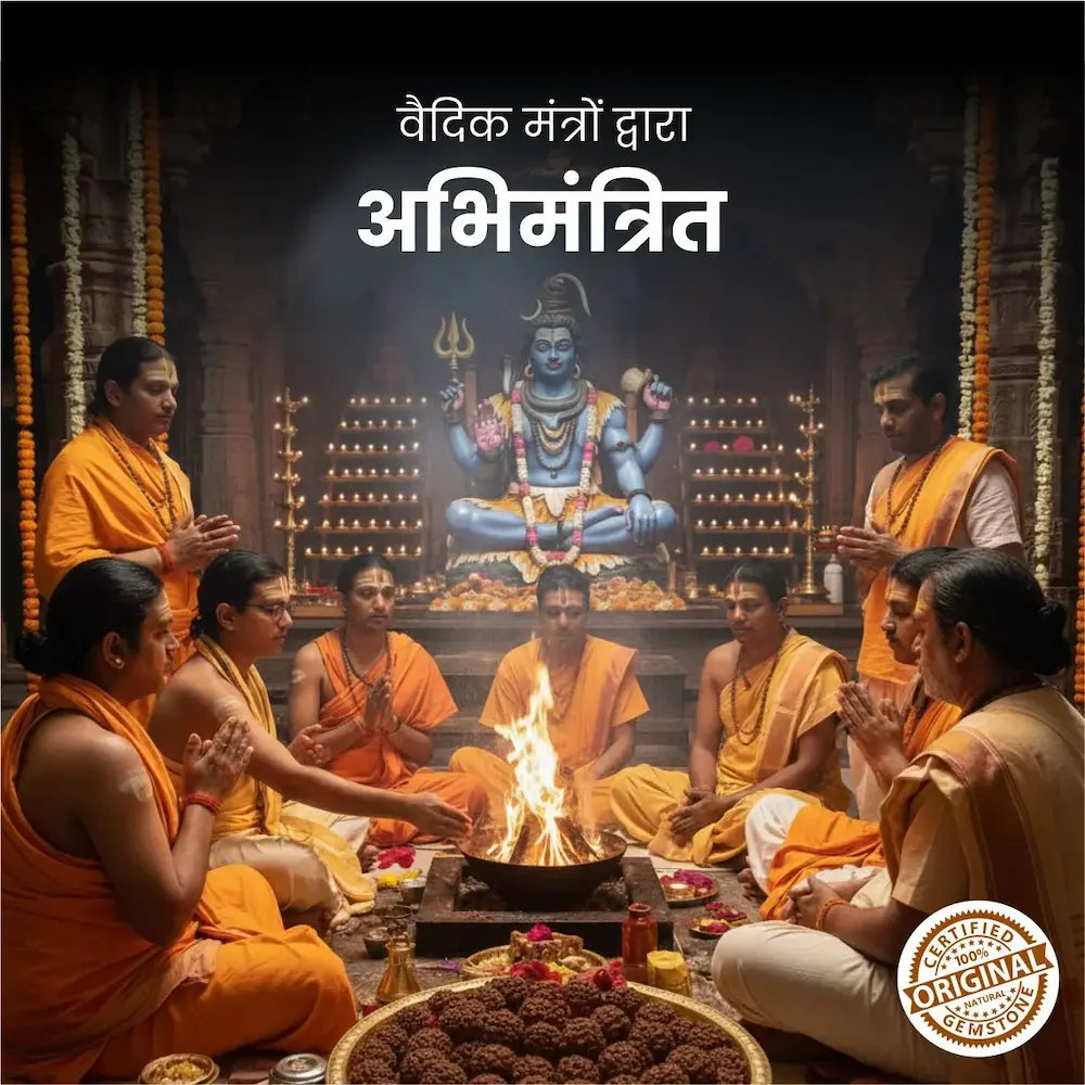 Sacred Vedic mantra ritual with Rudraksha beads and certified natural gemstones, spiritual ceremony