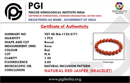 Authentic Original Red Jasper Bracelet at Tathastu Gems Lounge with authentic lab test certification report card.