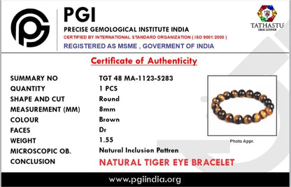 Authentic Original Tiger's Eye Bracelet at Tathastu Gems Lounge with authentic lab test certification report card.
