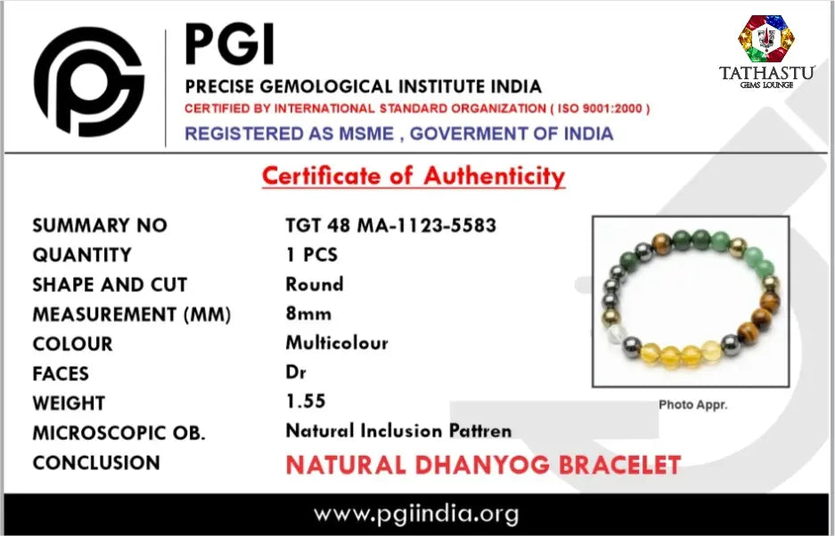 Authentic Original Dhanyog Bracelet at Tathastu Gems Lounge with PGL lab authenticity test certificate card.
