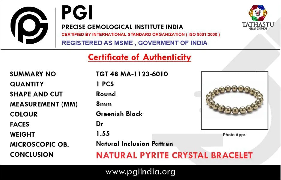Authentic Original Pyrite Bracelet at Tathastu Gems Lounge with authentic lab test certification report card.