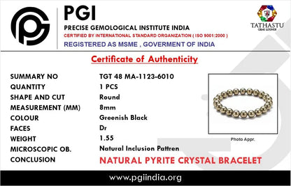 Authentic Original Pyrite Bracelet at Tathastu Gems Lounge with authentic lab test certification report card.