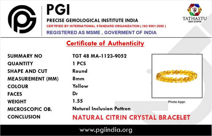 Authentic Original Citrine Bracelet at Tathastu Gems Lounge with authentic lab test certification report card.