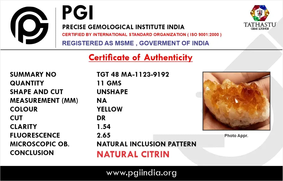 Authentic lab certificate verifying 100 percent original Natural Citrine Rough crystal stone - Tathastu Gems