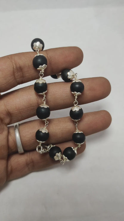 Natural 8mm Karungali Bracelet Silver Capped| 100% Original Black Ebony Wood for Luck & Stress Relief
